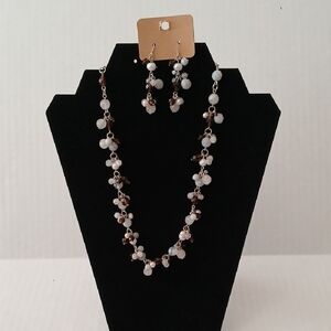 Elegant Silver and Brown Beaded Necklace and Earring Set